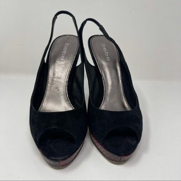 Bebe platform sling back heels black suede red snake skin stiletto 9B BoxD - Picture 4 of 9